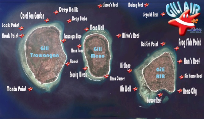 Map sites Gili Air  Divers - Gili Meno Divers Gili Trawangan Lombok Bali Indonesia